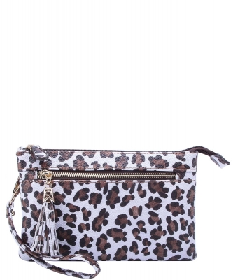 White Leopard Double Compartment Clutch Cross Body Bag LE021 BROWN
